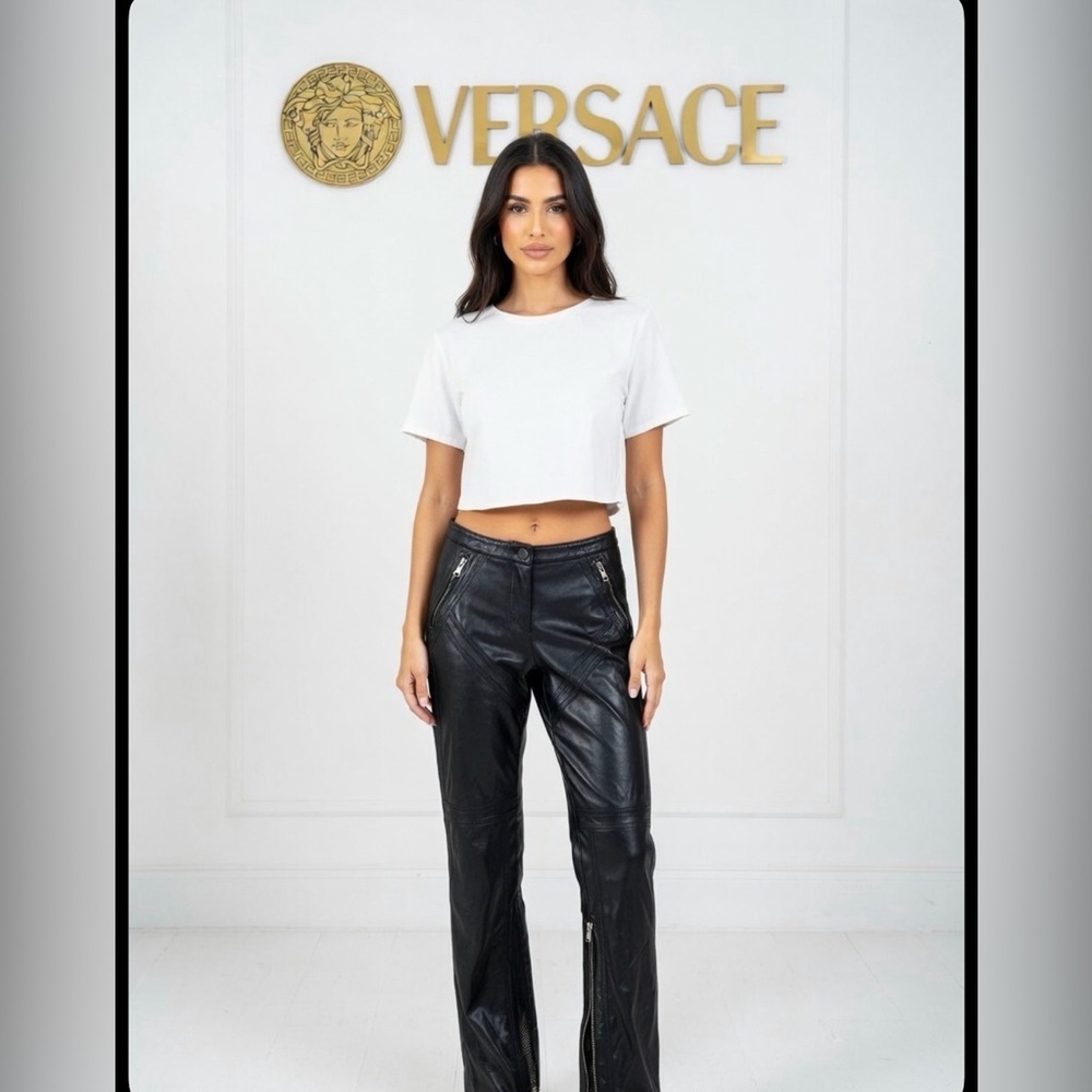 90’s Versace Vegan Leather Pants w Fishnet Detail